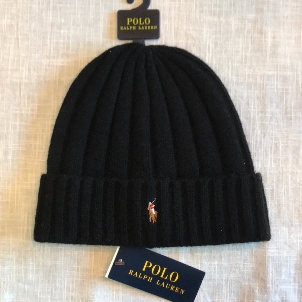 Brand New Polo Ralph Lauren Black Knit Wool Beanie Hat Multicolor Detailed Pony